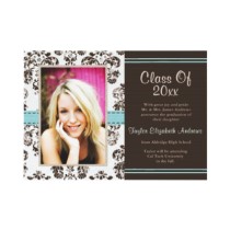 Tiffany Blue and Brown Damask Graduation Photo Announcement Invitations