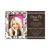 Pink and Brown Damask Graduation Photo Announcement Invitations